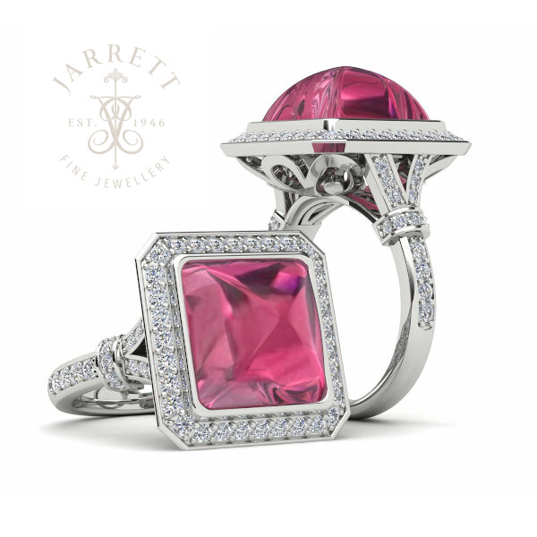 18ct Cabochon Rubelite Tourmaline & Diamond Ring