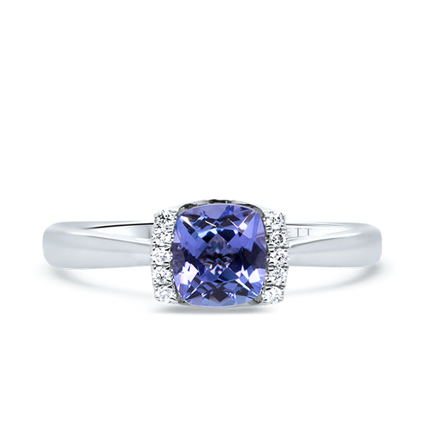 9ct Cushion-Cut Natural Tanzanite & Diamond Ring