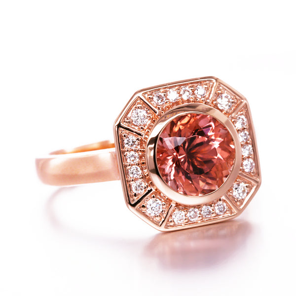 Vintage Inspired Peach Tourmaline and Diamond Ring in 9ct Rose Gold