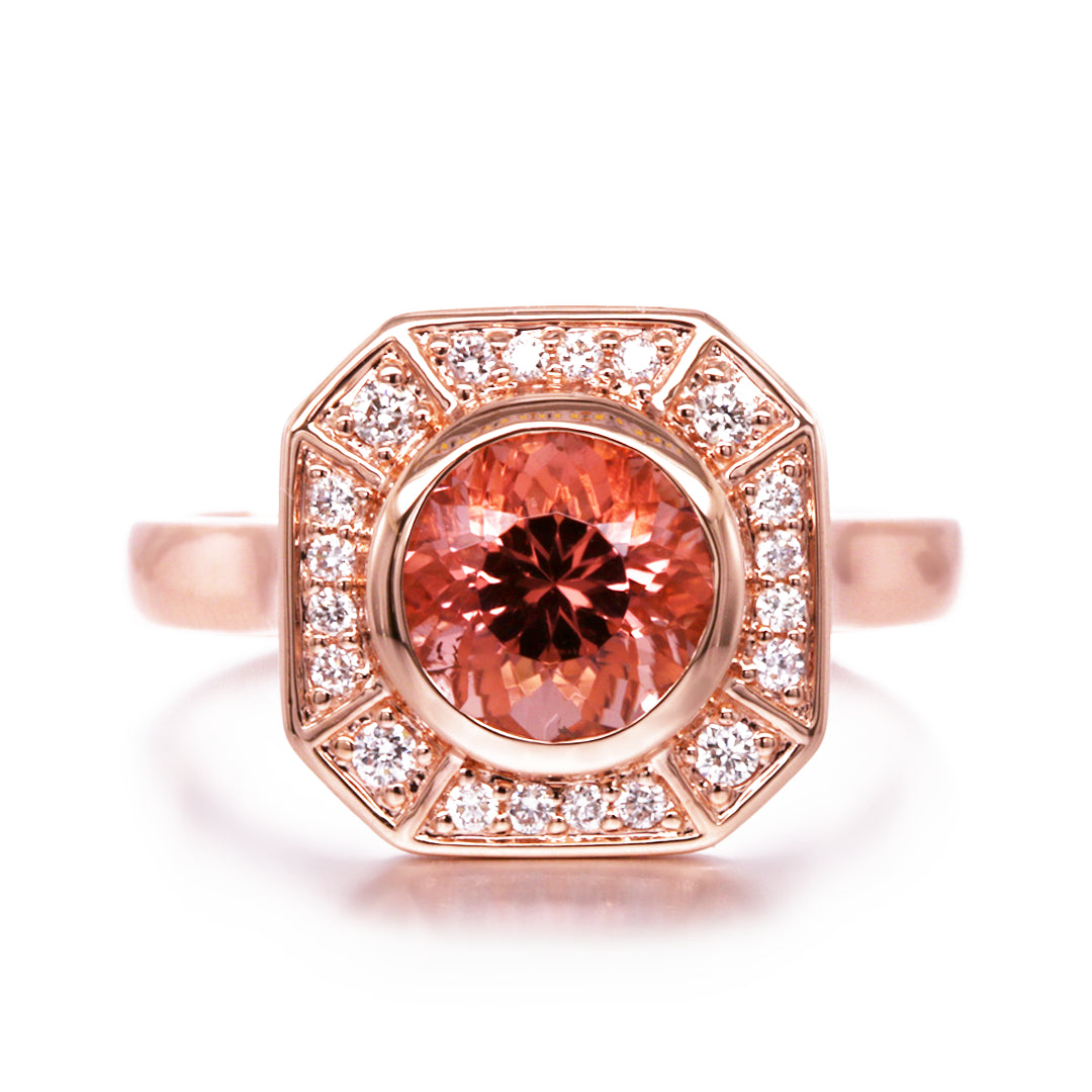 Vintage Inspired Peach Tourmaline and Diamond Ring in 9ct Rose Gold