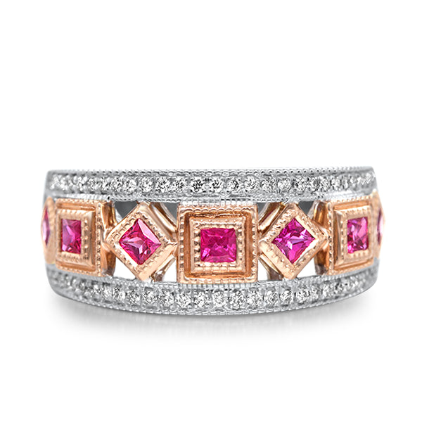 Art Deco Inspired Natural Ruby & Diamodn Ring in 18ct White Gold