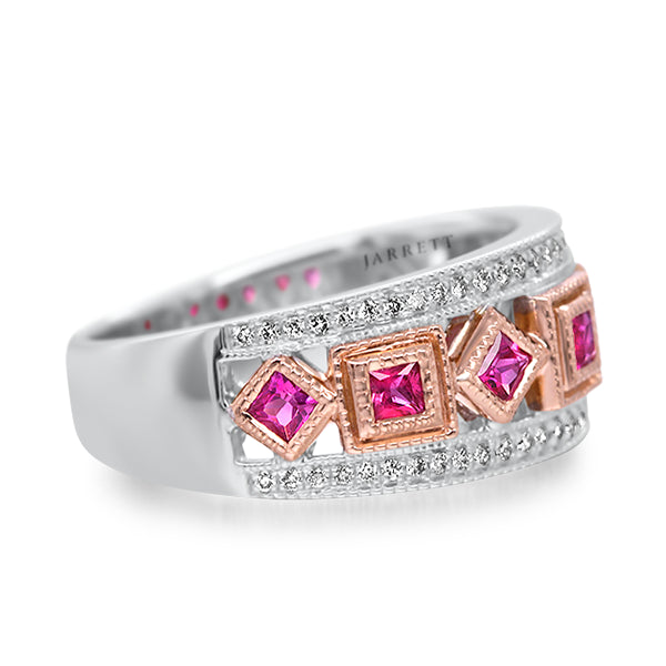 Art Deco Inspired Natural Ruby & Diamodn Ring in 18ct White Gold