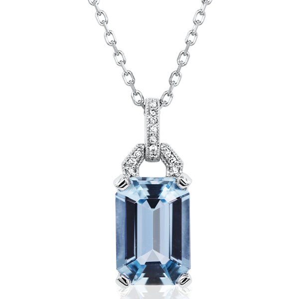 Emerald-Cut Aquamarine & Diamond Pendant in 18ct White Gold