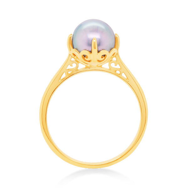 Vintage-Inspired Blue Akoya Pearl Ring in Yellow Gold