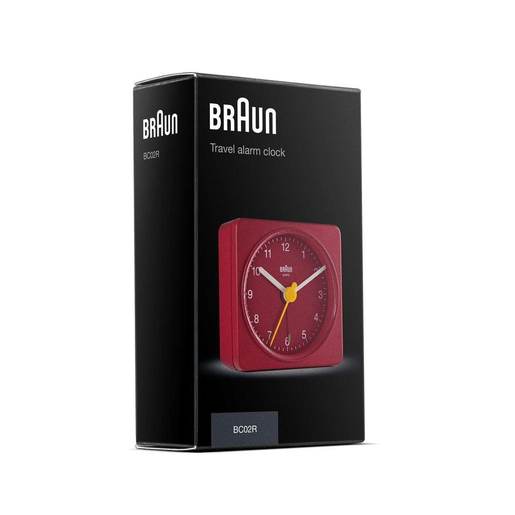 BRAUN Classic Analogue Square Red Travel Alarm Clock