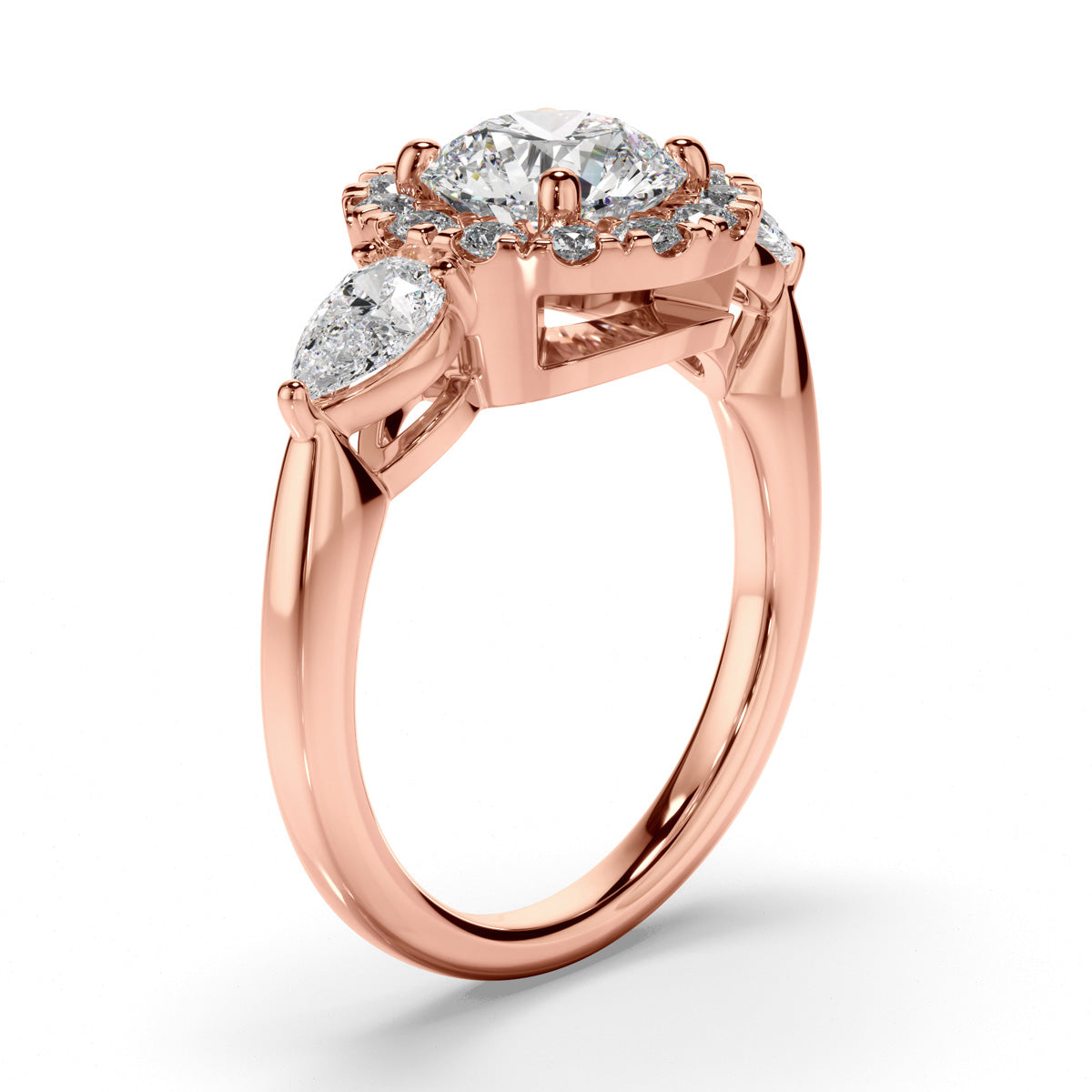 Round Brilliant Cut Diamond Halo Trilogy Engagement Ring with Pear Sides