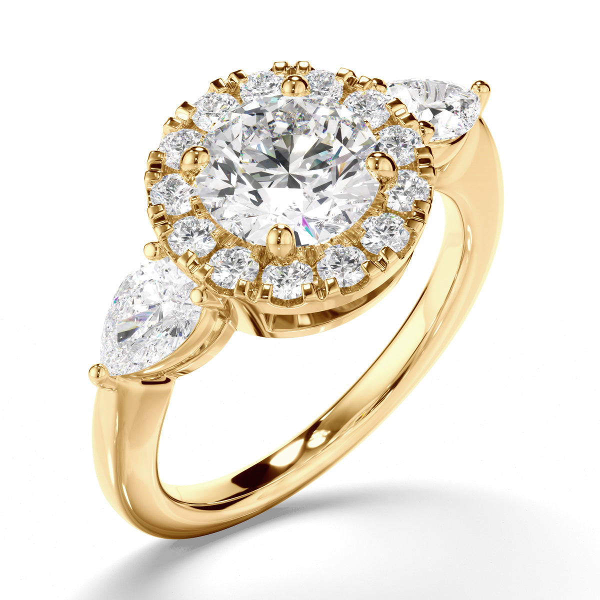 Round Brilliant Cut Diamond Halo Trilogy Engagement Ring with Pear Sides
