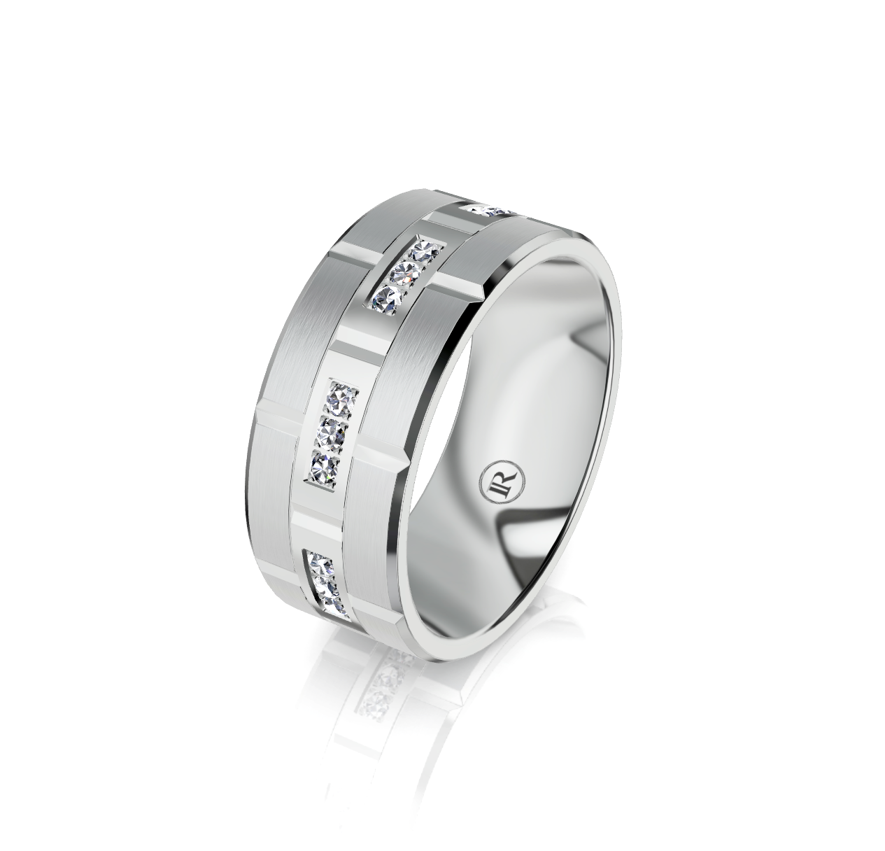 9ct White Gold Diamond Brick Detail Wedding Ring