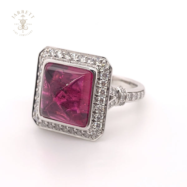18ct Cabochon Rubelite Tourmaline & Diamond Ring
