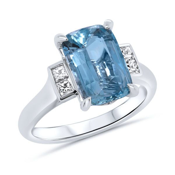 18ct Cushion-Cut Natural Aquamarine & Diamond Ring