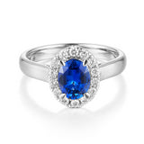 Natural Ceylon Blue Sapphire & Diamond Halo Ring in 18ct White Gold