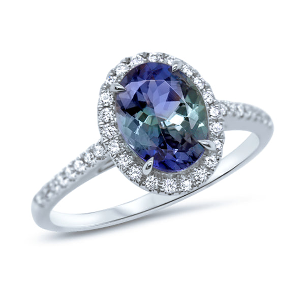 14ct Unheated Oval Mermaid Tanzanite & Diamond Ring