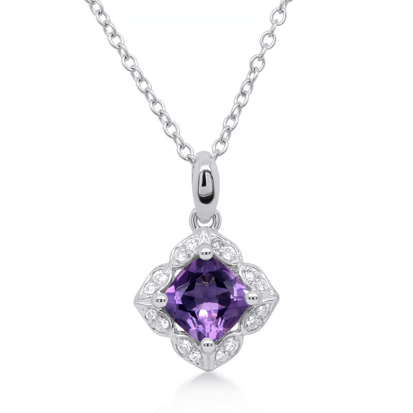 Natural Amethyst & Diamond Pendant in 9ct Gold