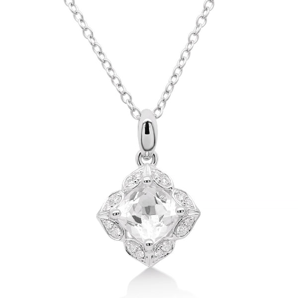 Natural White Topaz & Diamond Pendant in 9ct Gold