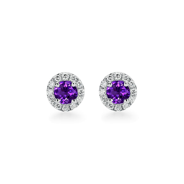 9ct Natural Amethyst and Diamond Halo Stud Earrings