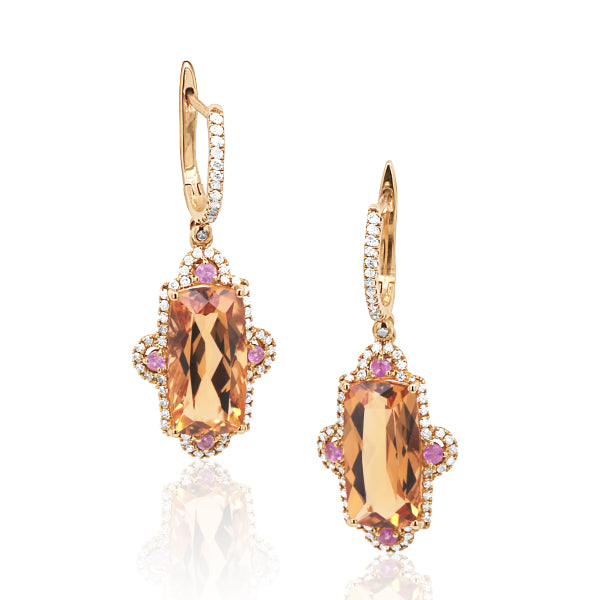 9ct Natural Citrine, Pink Sapphire & Diamond Earrings