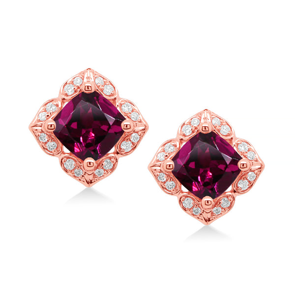 Natural Rhodolite Garnet & Diamond Earrings in 9ct Rose Gold