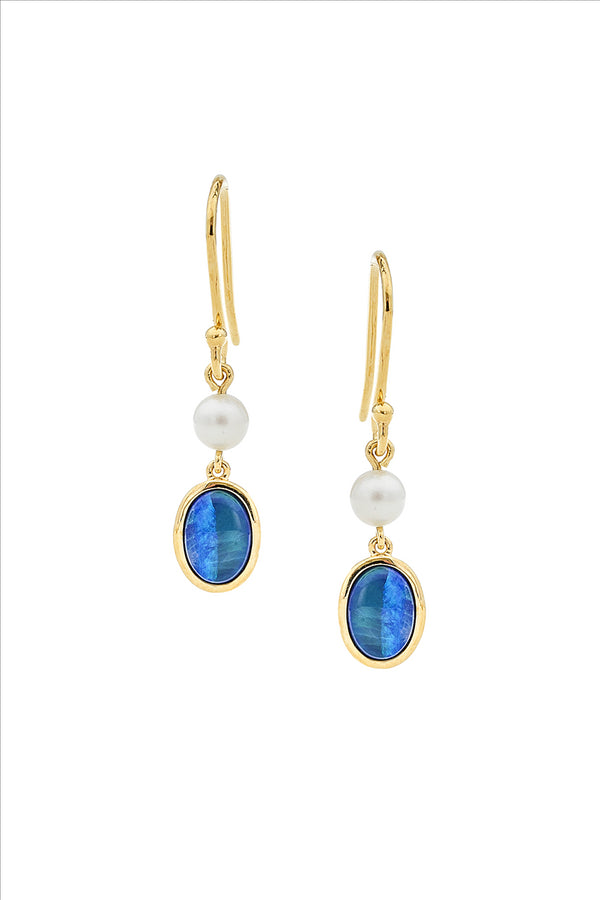 IKECHO Solid Opal Earrings with Freshwater Pearl in 9ct Gold