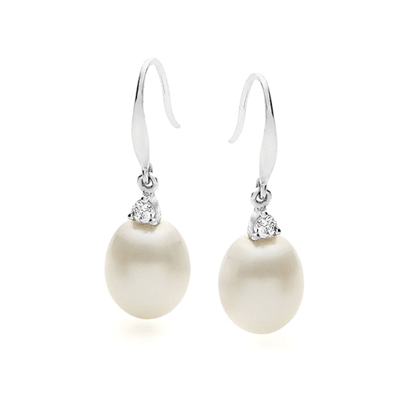 IKECHO Silver CZ White Drop 9-9.5mm Pearl Drop Earrings