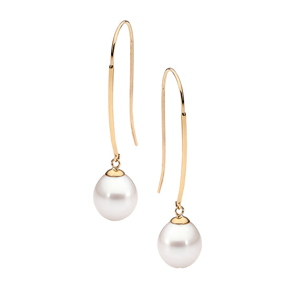 White Freshwater Pearl Long Drop Earrings in 9ct Gold