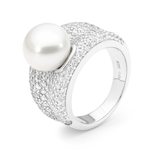 IKECHO Silver CZ White 10.5-11mm Button Pearl Ring
