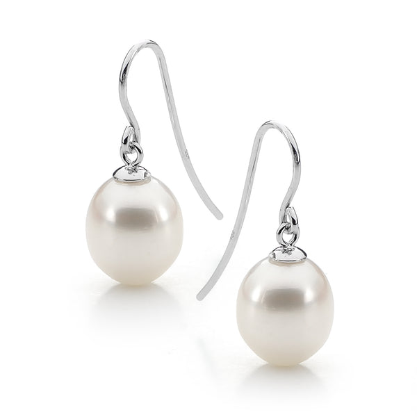 IKECHO 9ct-W White Freshwater Pearl Drop Earrings