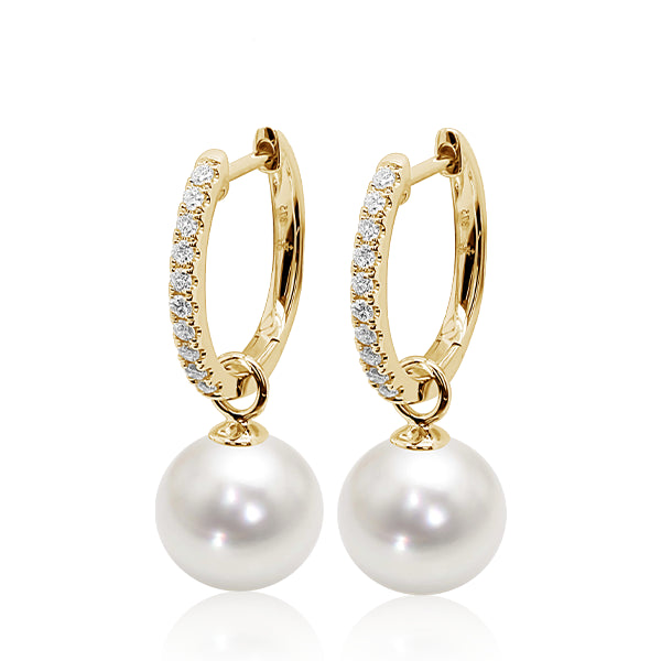 9ct/Y South Sea Pearl & Diamond Hoop Earrings