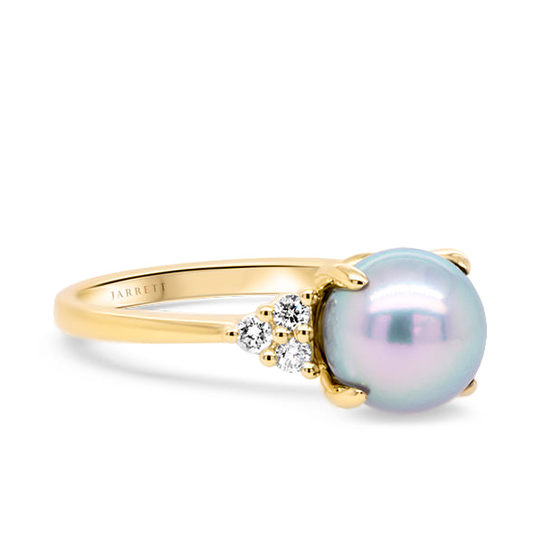 Blue Akoya Pearl & Diamond Ring in Yellow Gold