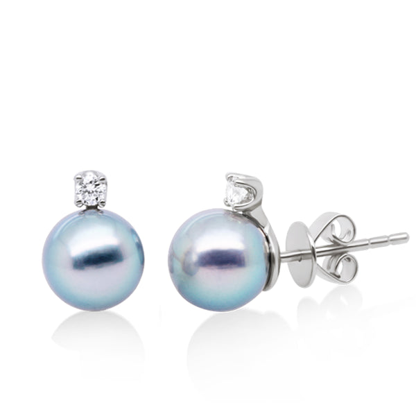 Blue Akoya Pearl & Diamond Earrings in White Gold