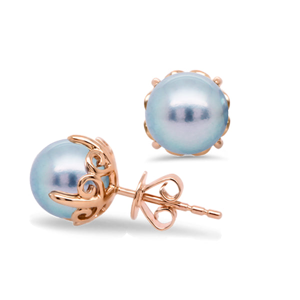 Vintage-Inspired Blue Akoya Pearl Earrings in Rose Gold