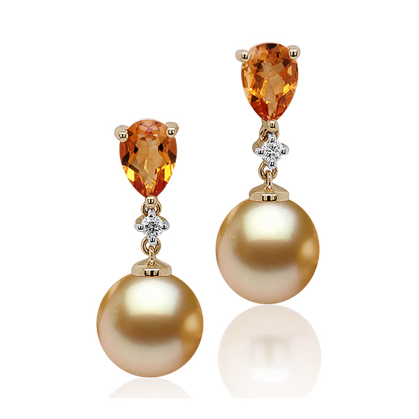9ct Golden Pearl, Citrine & Diamond Earrings