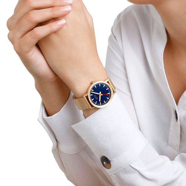 MONDAINE Deep Blue Classic 36mm Gold Watch