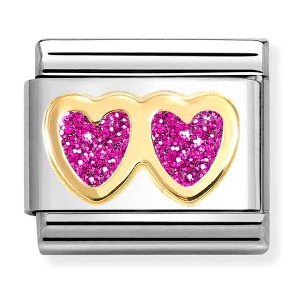 Nomination Composable 18ct Gold & Enamel Glitter Double Fuchsia Heart