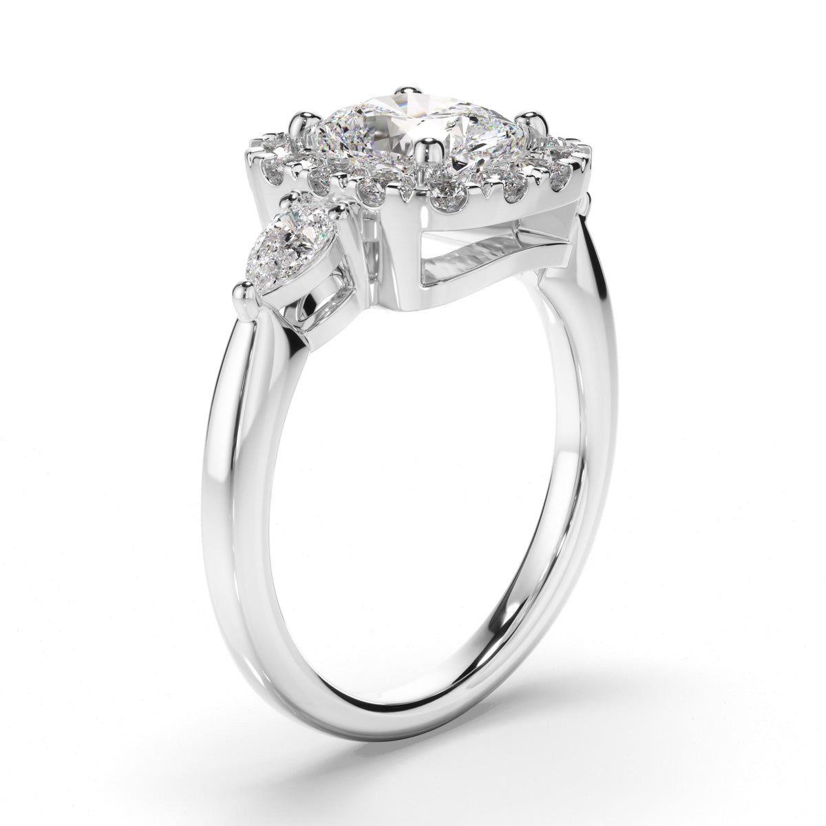 Cushion Cut Diamond Halo Trilogy Engagement Ring with Pear Sides