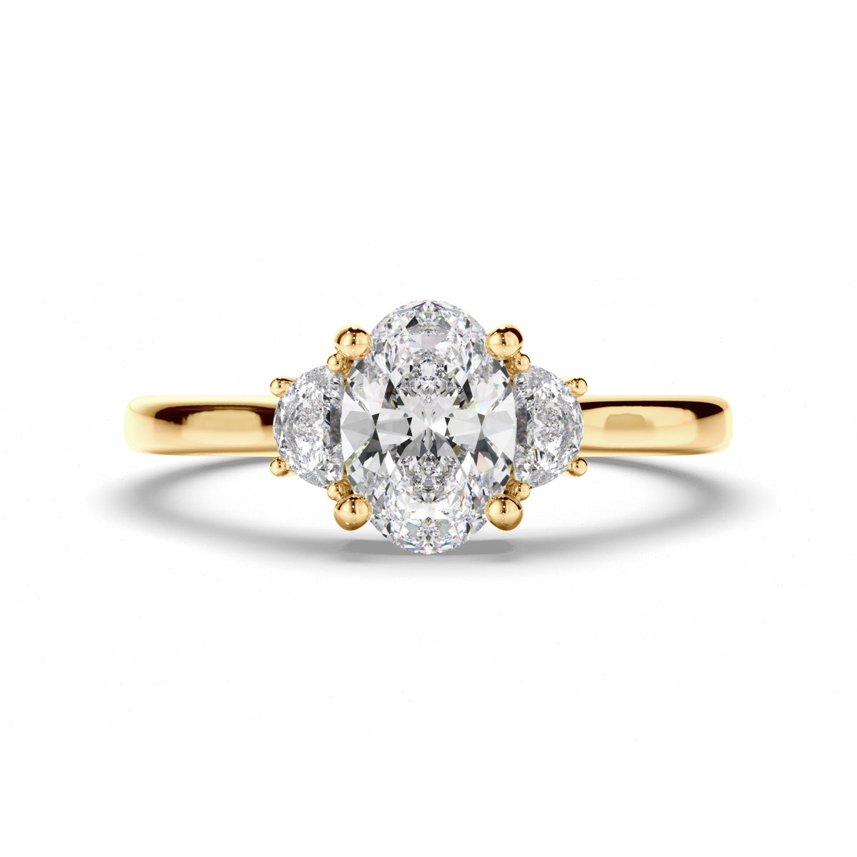 Oval Cut Diamond Trilogy Engagement Ring with Half Moon Sides